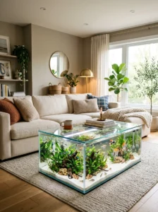 Living room with aquarium coffee table and modern cozy interior design