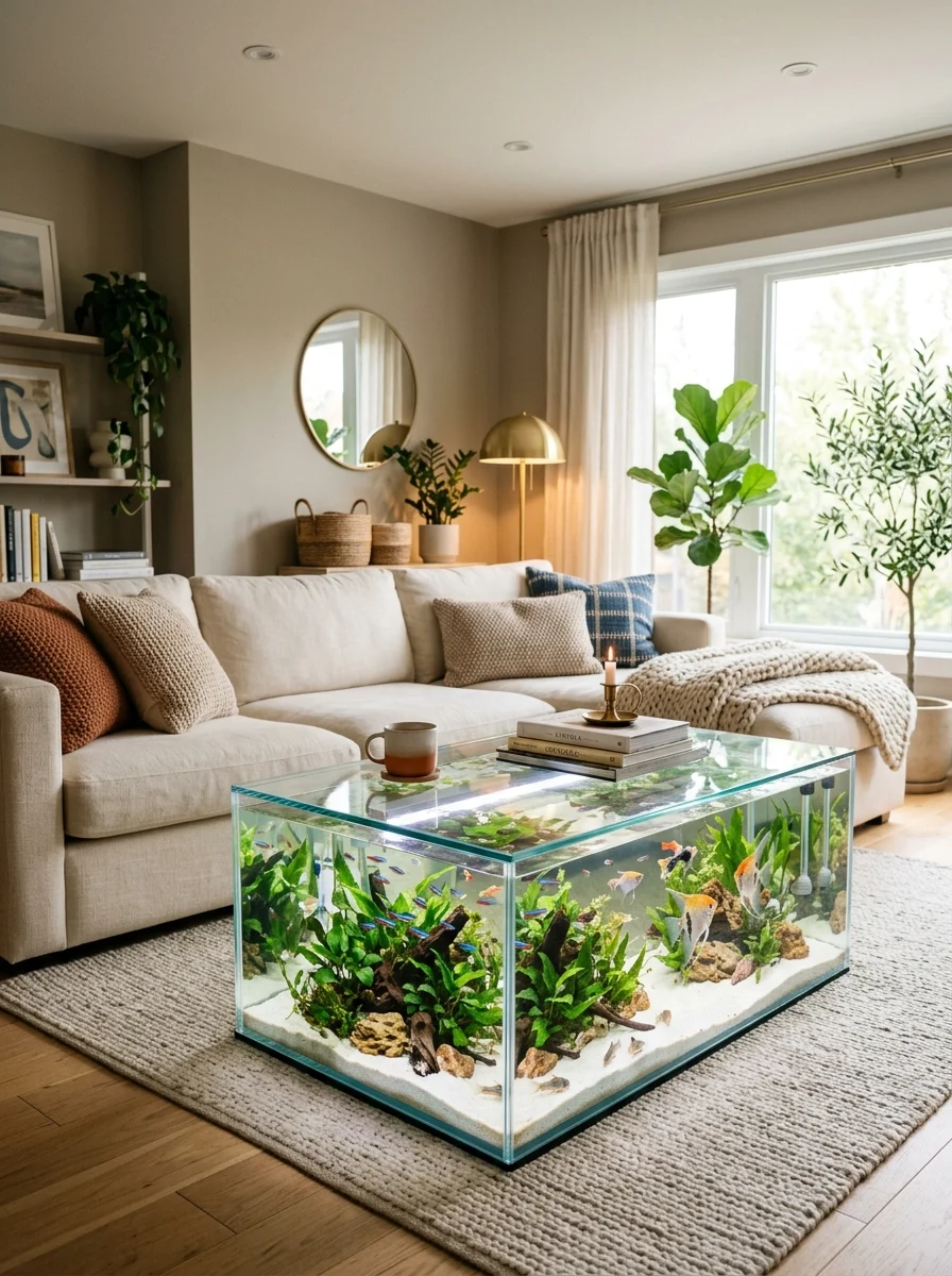 Living room with aquarium coffee table and modern cozy interior design