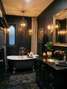 Black and gold bathroom with soft lighting