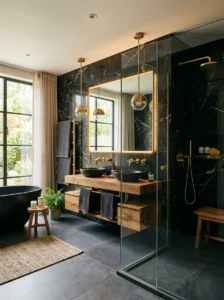 Black marble and wood bathroom design