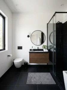 Black floor tile bathroom with white walls