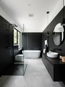 Black tile bathroom with white ceiling contrast