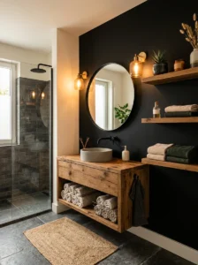 Black accent wall with wood shelves bathroom design