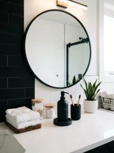 Minimalist black and white bathroom decor with simple accessories