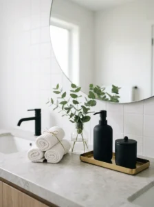 Minimalist black and gold bathroom accessories on countertop