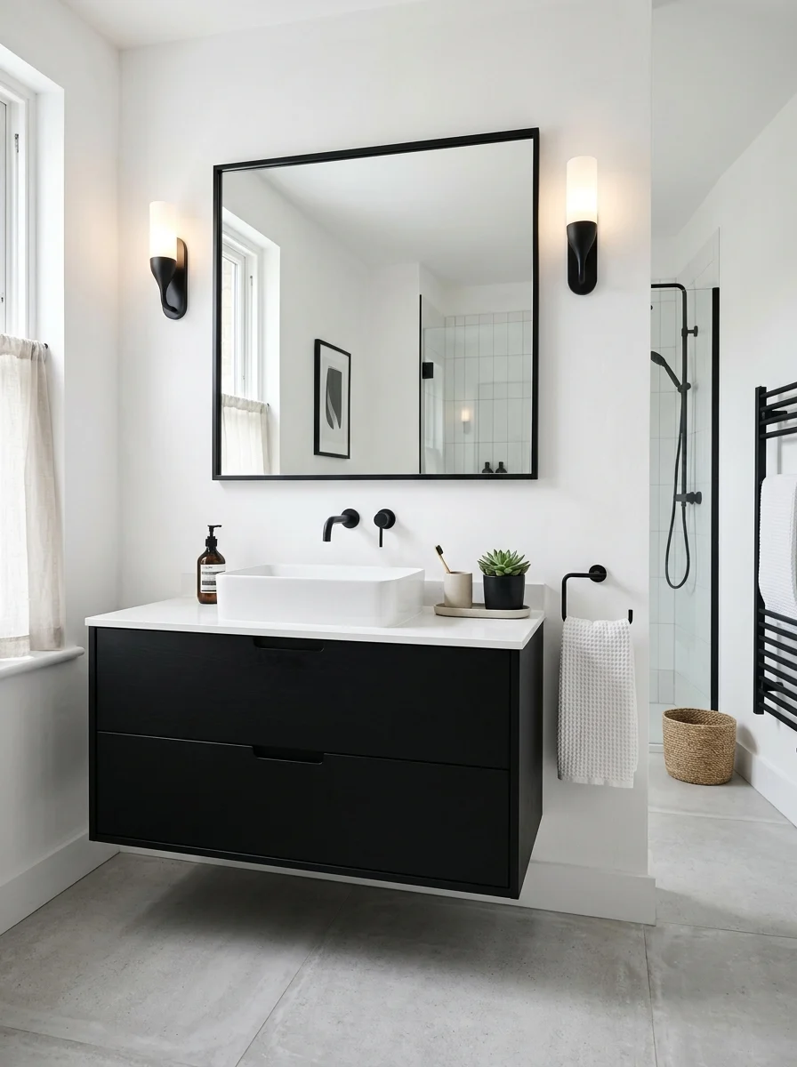 Black and white bathroom decor with modern minimal design and clean contrast