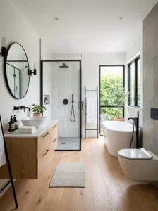 Light wood floor bathroom with black fixtures