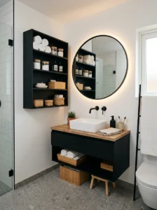 Wall-mounted black storage cabinet in a modern bathroom