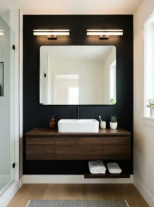 Black accent wall behind bathroom vanity creating depth and contrast