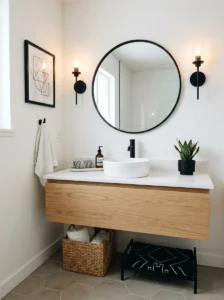 Black wall sconces adding contrast in a small bathroom