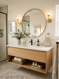 Round gold framed mirror above modern bathroom vanity