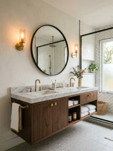 White marble vanity with black framed mirror in a modern bathroom