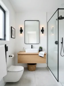 White bathroom with black lighting fixtures