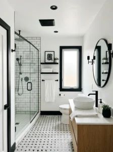 White walls with black trim bathroom design
