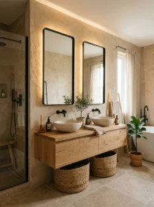 Textured beige bathroom walls with black framed mirrors