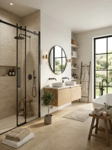 Beige shower tiles with black framed shower glass