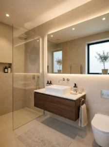 Large format neutral bathroom tiles in a sleek modern space