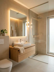 Large format tiles creating a spacious bathroom look