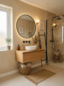 Beige bathroom walls paired with matte black fixtures