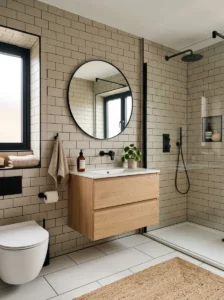 Neutral bathroom with black grout contrast design