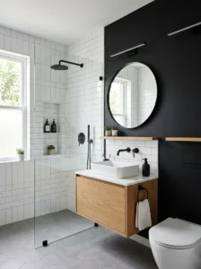 Black accent wall with white tile bathroom