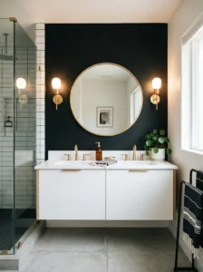 Matte black accent wall behind a modern bathroom vanity