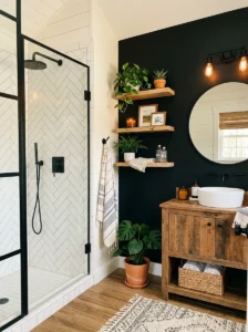 Black accent wall paired with white subway tiles in a bathroom