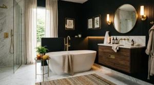 Modern bathroom with black accent wall, white bathtub, and gold fixtures