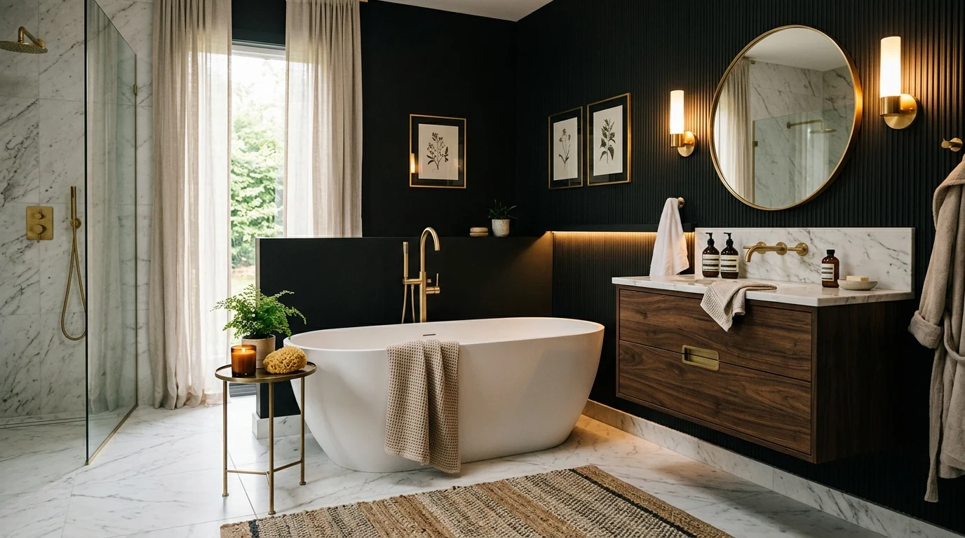 Modern bathroom with black accent wall, white bathtub, and gold fixtures