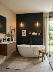 Black accent wall in a warm beige bathroom