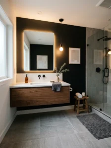 Black accent wall paired with grey bathroom tiles
