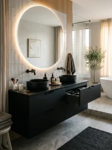 Black bathroom cabinet with hidden storage drawers and sleek design