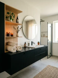 Black bathroom cabinet with open shelving and decor accents