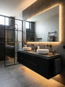 Black bathroom cabinet with warm LED lighting accents