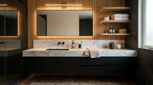 Modern bathroom with black cabinets, marble countertop, and warm lighting