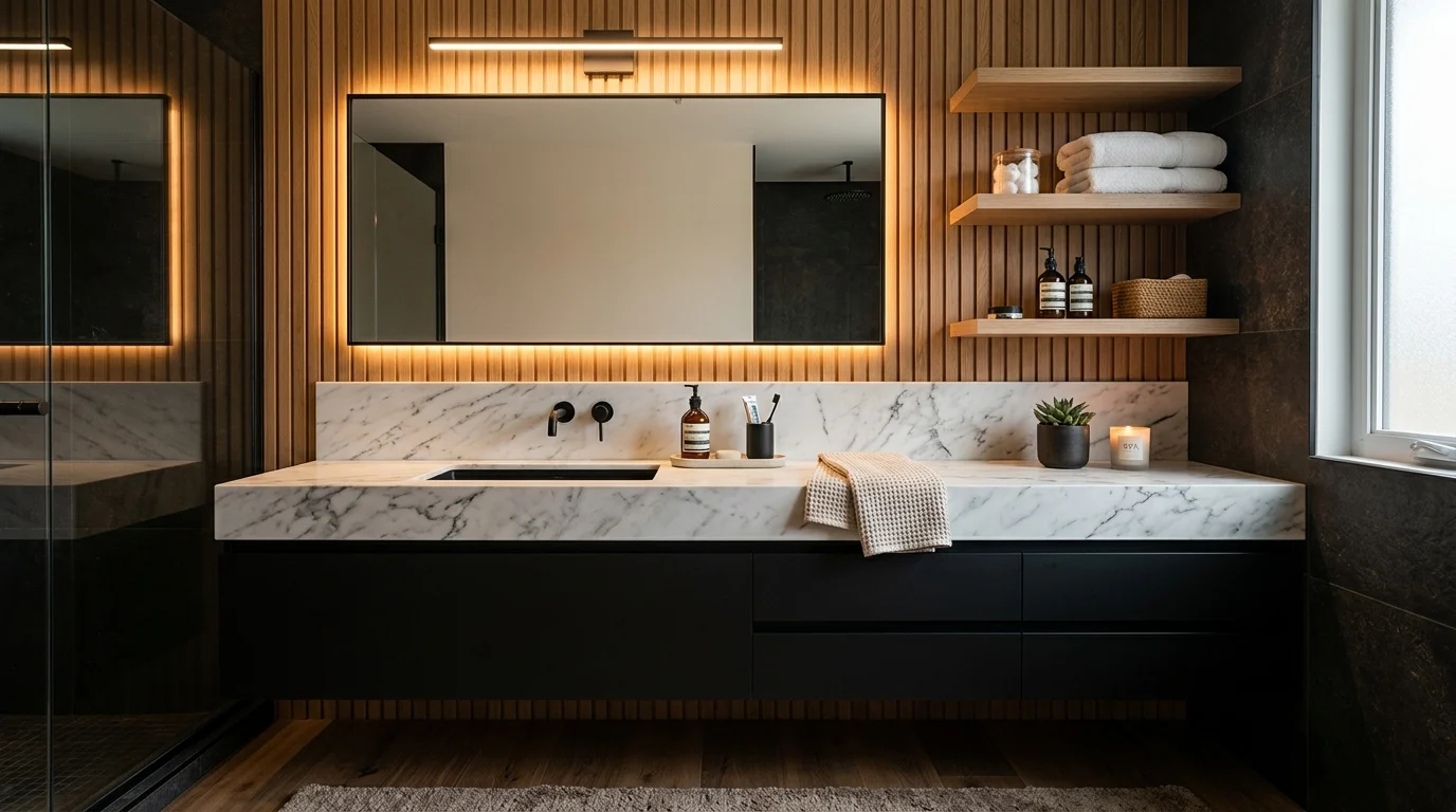 Modern bathroom with black cabinets, marble countertop, and warm lighting