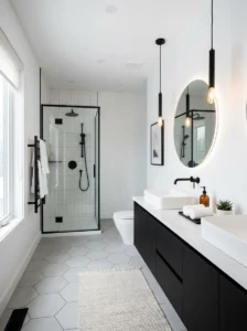 Black bathroom cabinets paired with white walls for balanced contrast