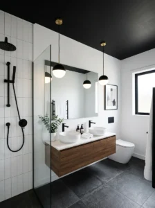 Black ceiling bathroom design with bright white walls and modern lighting