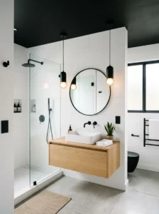 Black ceiling paired with white walls in a modern bathroom design