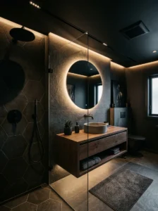 Bathroom with black ceiling and matching black fixtures