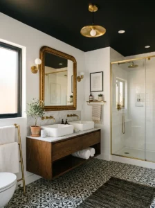 Black bathroom ceiling paired with patterned black and white floor tiles