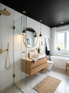Black bathroom ceiling with white marble walls and gold fixtures