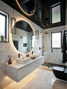 Glossy black ceiling in a modern luxury bathroom