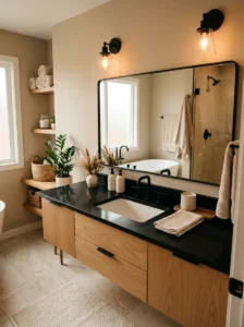 Black countertop bathroom with beige and cream tones
