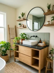 Black countertop bathroom with green plant decor