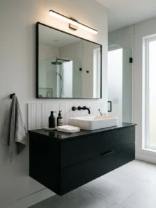 Modern bathroom with black countertop vanity and minimalist stylish design