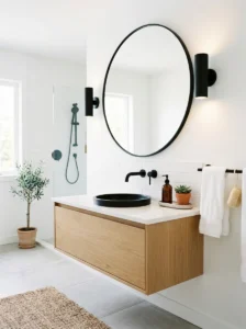 White bathroom featuring matte black faucets and modern decor