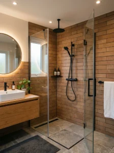 Black shower with brown tile bathroom design