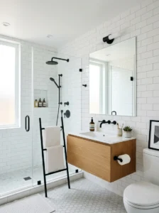Black bathroom fixtures contrasted with classic white subway tiles