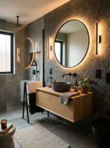 Modern bathroom with black fixtures and warm LED lighting